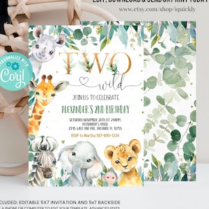 EDITABLE Safari Birthday Invitation, Two Wild Birthday Invite, 2nd Gold Jungle Animals invitations, Printable template Instant Download