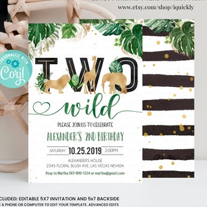 EDITABLE Jungle gold Birthday Invitation, Two Wild Birthday Invite, Safari Animals invitations, Printable template Instant Download