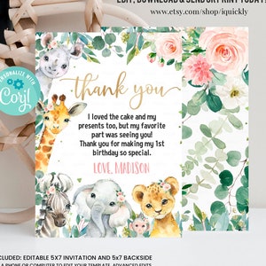 Tarjeta de agradecimiento de cumpleaños de Safari EDITABLE, tarjeta de nota de 1er cumpleaños de Girl Wild One, plantilla imprimible de animales de la selva de oro Descarga instantánea