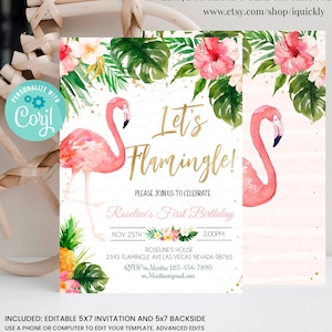 Editable Flamingo Birthday Party Invitation Template,Tropical Birthday Watercolor Invite, 1st Birthday Summer Printable Digital