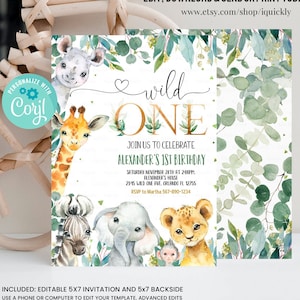 EDITABLE Safari Birthday Invitation, Wild One 1st Birthday Invite, Gold Jungle Animals invitations, Printable template Instant Download