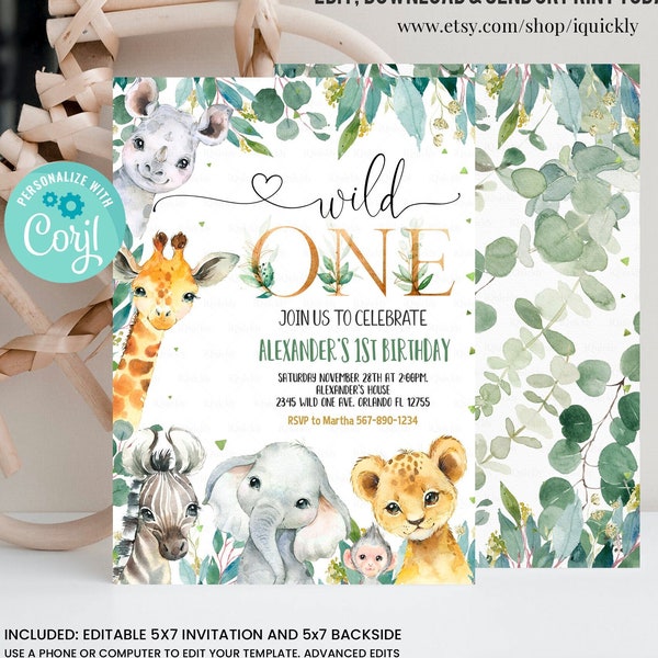 EDITABLE Safari Birthday Invitation, Wild One 1st Birthday Invite, Gold Jungle Animals invitations, Printable template Instant Download