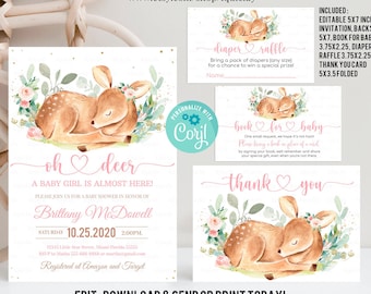Editable Oh Deer Baby Shower Invitation Bundle, Floral Girl Baby deer Shower Invite Set Template Printable Digital Instant download