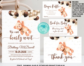 Editable Teddy Bear Baby Shower Invitation Set Bear Themed Invite Bundle, Printable BearBalloons Invitations Package, Pack template download