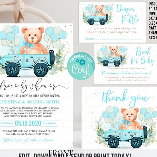 Editable Drive by Baby Shower Invitation Teddy Bear Drive Etsy