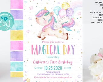 Editable Unicorn Birthday Invitation Magical Party Invite Girl Pink First Birthday Digital Invite Template Reainbow Instant Download Corjl