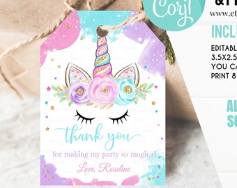 EDITABLE Unicorn favor tags, Thank you tags, Gift Tags, Unicorn Party favor Printable Template, Magical Unicorn GIRL One Instant download