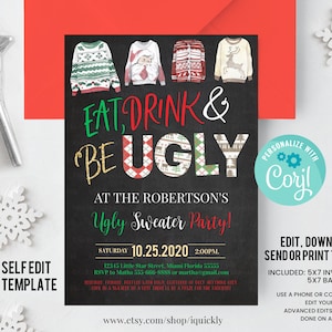 Editable Ugly Sweater Party Invitation Rustic Christmas Ugly Sweater Invitation Eat Drink And Be Ugly Sweater Party Invite Instant Download
