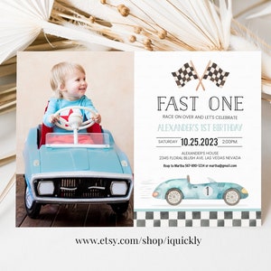 Fast One Racing Car First Birthday Invitation 1st Birthday Invitation Racing Car Vintage Racecar Invite Printable Template Instant Download