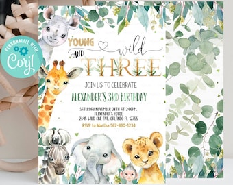 EDITABLE Safari Birthday Invitation, Young Wild and Three Birthday Invite 3rd Gold Jungle Animals invitE Printable template Instant Download