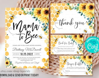 Editable Mama to Bee Baby Shower Invitation Set Sunflower Gender Neutral Bundle Invite Package Printable Template Instant Download