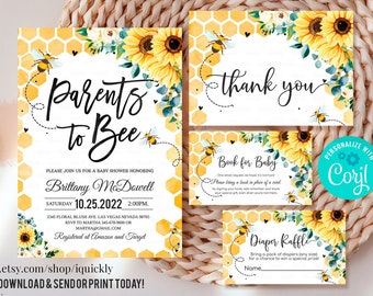 Editable Parents to Bee Baby Shower Invitation Sunflower Set Gender Neutral Bundle Invite Package Printable Template Instant Download