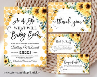 Editable Bee Baby Shower Invitation Bundle What Will Baby Bee Gender Reveal Set Invite Package Printable Template Instant Download