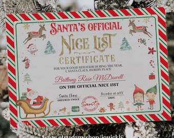 Editável Papai Noel Oficial Lista Agradável Certificado Carta Da Mesa Papai Noel Véspera de Natal Pólo Norte Corjl Modelo para Impressão