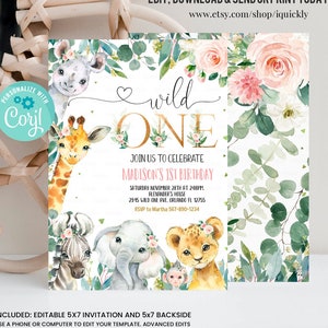 EDITABLE Safari Birthday Invitation, Girl Wild One 1st Birthday Invite, Gold Jungle Animals invitations, Printable template Instant Download