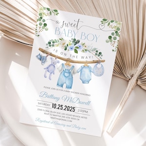 Boy Baby Shower Invitation Editable Baby Clothes Invite A sweet baby boy is on the way Laundry Blue Greenery Printable Digital Download
