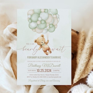 Possiamo aspettare con trepidazione invito per baby shower Invito per baby shower modificabile dell'orsacchiotto Mongolfiera Modello verde salvia Download digitale Corjl