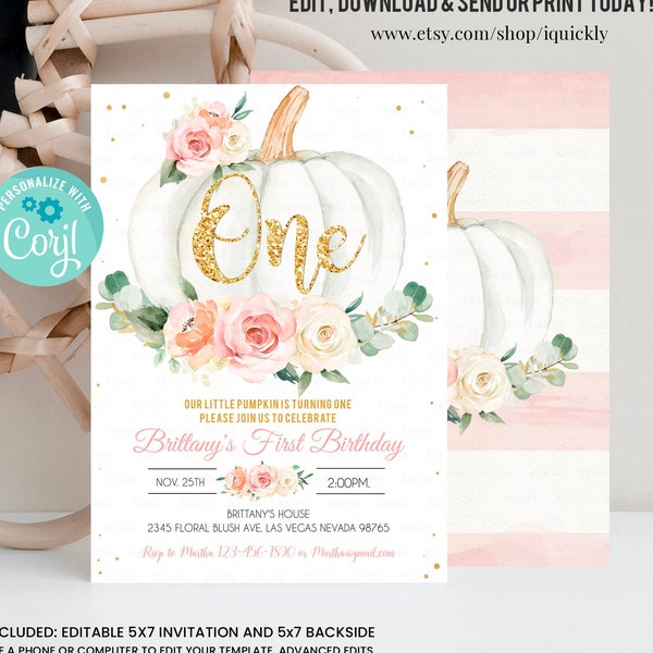 EDITABLE Pumpkin 1st Birthday Invitation Floral Pink and gold Girl Pumpkin First birthday Invite Fall Autumn Instant Download Template PUMP1