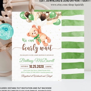 Editable Teddy Bear Baby Shower Invitation Bear Themed Baby Shower Invite Bear with Balloons Invitations Printable template digital download