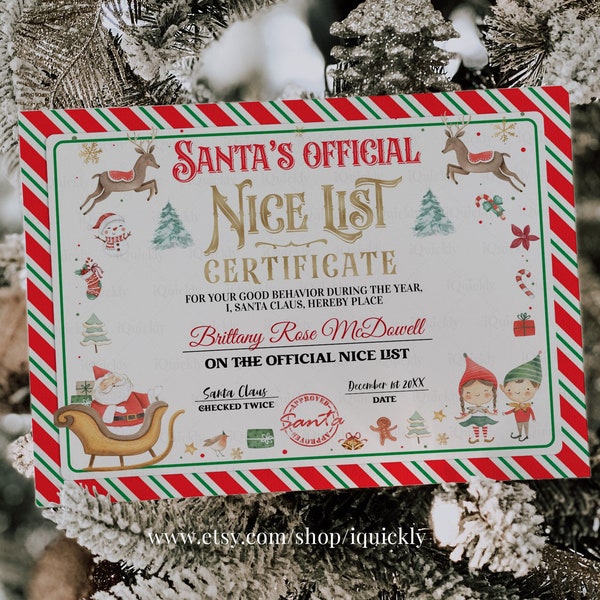 Editable Santa Claus Official Nice List Certificate Letter From Desk Santa Claus Christmas Eve North Pole Corjl Template Printable