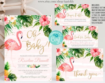Redigerbart Flamingo Baby Shower-paket, Låt oss Flamingla inbjudningsset, Tropiskt inbjudningspaket, Utskrivbart inbjudningspaket, Paketmall