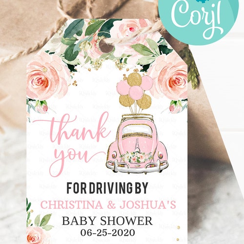 Editable Drive by Baby Shower Favor Tags Pink Floral Drive Etsy