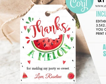 EDITABLE Watermelon favor tags, Thank you tags, Gift Tags Red One in a Melon favor Printable Template GIRL One Party favors Instant download