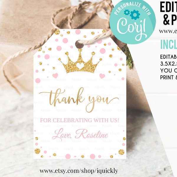 Editable Princess Baby Shower Favor tags, Pink and gold Little princess birthday Thank you tags, Gift tags Digital Instant download Template