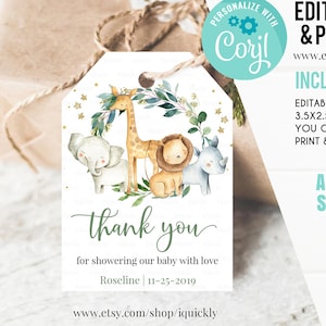 Safari Baby Shower Favor tags EDITABLE Gender Neutral Jungle Animals Thank you tags a wild one Gift tags template printable Instant download