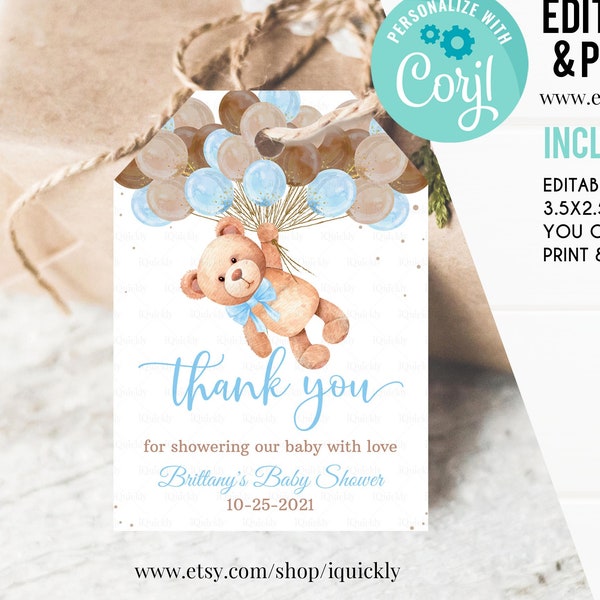 Editable Teddy Bear Baby Shower Favors Bear Baby Shower Thank you tags Printable Bear Balloons Gift tags Favor tag template digital download