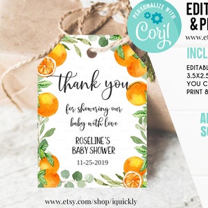 Editable A little cutie is on the way Baby Shower Favor tags Orange mandarin Thank you tags Fruit Gender Neutral Gift tags Instant download