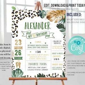 Poster di compleanno di Leopard Milestone, cartello modificabile della lavagna per il primo compleanno di Safari, poster del primo compleanno della giungla Modello di download immediato