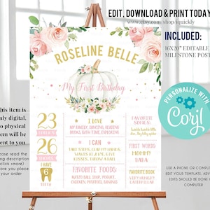 Pumpkin Milestone Birthday Poster, EDITABLE First Birthday Chalkboard sign, Fall Pink and gold 1st birthday poster Instant download template