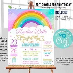 Cartel de cumpleaños de Rainbow Milestone, signo de pizarra de primer cumpleaños EDITABLE, cartel de 1er cumpleaños de oro arco iris Plantilla de descarga instantánea