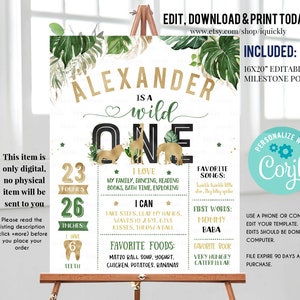 Jungle Gold Milestone Birthday Poster, EDITABLE Safari First Birthday Chalkboard sign, Wild one 1st birthday Instant download template