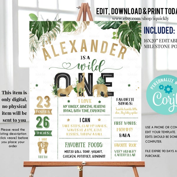 Jungle Gold Milestone Birthday Poster, EDITABLE Safari First Birthday Chalkboard sign, Wild one 1st birthday Instant download template