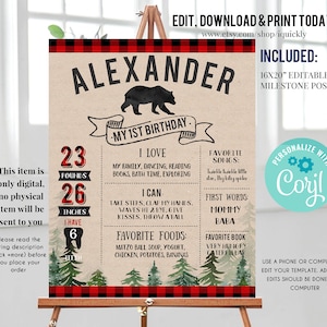 Editable Lumberjack Milestone Birthday Poster, Buffalo Plaid First Birthday Chalkboard sign, 1st birthday poster Instant download template