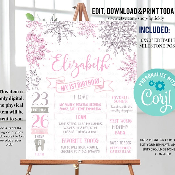 Winter Onederland Milestone Birthday Poster, EDITABLE Snowflakes First Birthday Chalkboard sign, Pink Silver 1st birthday poster download