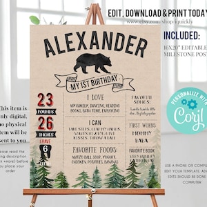Editable Lumberjack Milestone Birthday Poster, Buffalo Plaid First Birthday Chalkboard sign, 1st birthday poster Instant download template