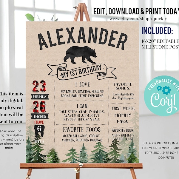 Editable Lumberjack Milestone Birthday Poster, Buffalo Plaid First Birthday Chalkboard sign, 1st birthday poster Instant download template