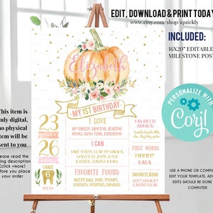 Cartel de cumpleaños de hito de calabaza, cartel de pizarra de primer cumpleaños EDITABLE, cartel de primer cumpleaños rosa y dorado de otoño Plantilla de descarga instantánea