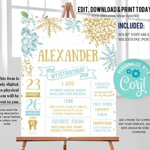 Winter Onederland Milestone Birthday Poster, EDITABLE Snowflakes First Birthday Chalkboard sign, Blue gold 1st birthday poster download