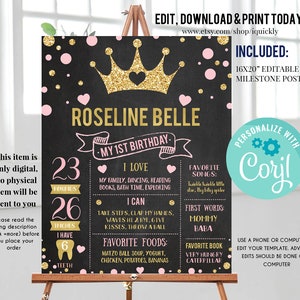 Princess Milestone Birthday Poster Sign, EDITABLE Pink and gold First Birthday Chalkboard, Stats Board First Year Poster Téléchargement instantané