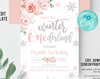 Editable WINTER ONEderland Birthday Invitation Pink and Silver Winter ONEderland Invitation Floral Snowflake Winter Party Instant Download