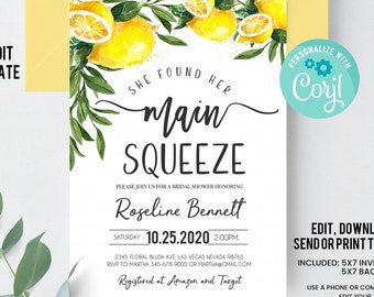 Editable She Found Her Main Squeeze Bridal Shower Invitation, Lemon Citrus Watercolor Invite, Summer Printable Template Instant Download