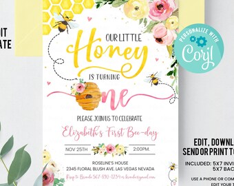 Invitación de cumpleaños de abeja editable Fiesta de cumpleaños de abeja de miel Abeja 1er cumpleaños Tema de abejorro invita a plantilla imprimible Descarga instantánea