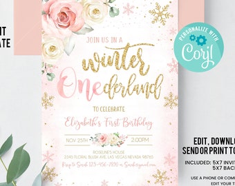 Editable WINTER ONEderland Birthday Invitation Pink and Gold Winter ONEderland Invitation Floral Snowflake Winter Party Instant Download