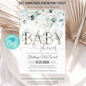 Editable Eucalyptus Greenery Baby Shower Invitation, Gender neutral Eucalyptus Shower Invite Template Boy digital download corjl