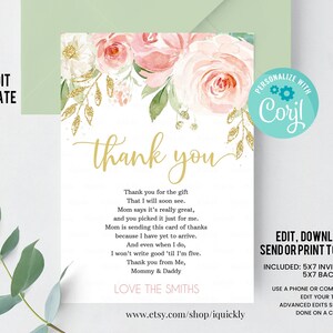 Editable Drive by Blush Floral tarjeta de agradecimiento rosa, Ducha por correo tarjeta de agradecimiento Drive Through Shower Drive Thru imprimible Descarga instantánea