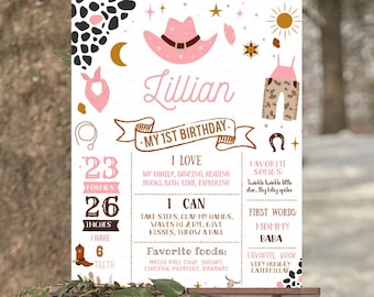 May include: A pink and brown first birthday milestone poster with a cowgirl theme. The poster features a pink cowboy hat, a brown cowboy boot, and a brown horseshoe. The poster also includes the name "Lillian" and the text "My 1st Birthday". The poster lists the child's age, weight, height, favourite foods, songs, and first words.